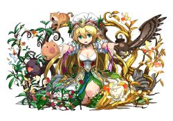 Rule 34 | 1girl, adachi yousuke, aqua eyes, bird, blonde hair, breasts, cat, cleavage, dress, eagle, freyja (p&amp;d), hat, jewelry, long hair, lots of jewelry, official art, open mouth, pig, pointy ears, puzzle &amp; dragons, reaching, smile, solo