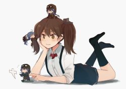 Rule 34 | 10s, 4girls, ahoge, annin musou, bad id, bad twitter id, bomber jacket, brown eyes, brown hair, clinging, commentary request, elbow rest, fairy (kancolle), feet up, flight goggles, gloves, goggles, goggles on head, green hair, hair between eyes, hair ornament, hand on own cheek, hand on own face, hat, unworn hat, unworn headwear, helmet, jacket, kantai collection, long sleeves, lying, magatama, mini hat, multiple girls, no headwear, no headwear, on stomach, open mouth, pleated skirt, poking, ponytail, remodel (kantai collection), ryuujou (kancolle), shadow, shikigami, short sleeves, sitting, sitting on head, sitting on person, skirt, smile, socks, suspenders, sweatdrop, twintails, wariza, white background