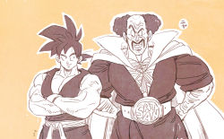 Rule 34 | 2boys, afro, amepati, arm hair, bald, beige background, belt, black eyes, black hair, cape, championship belt, chest hair, clenched hands, clenched teeth, crossed arms, dougi, dragon ball, dragonball z, facial hair, grin, hands on own hips, height difference, looking at another, looking to the side, male focus, martial arts belt, mr. satan, multiple boys, muscular, mustache, outline, pectorals, side-by-side, simple background, smile, son goku, spiked hair, standing, teeth, upper body, v-shaped eyebrows, white cape, white outline, wrinkled skin, wristband