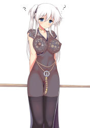 Rule 34 | 1girl, ?, aida takanobu, arms behind back, belt, black thighhighs, blue eyes, blush, breasts, choker, clueless, covered erect nipples, dress, embarrassed, frown, hair ribbon, jewelry, large breasts, long hair, mabinogi, nao (mabinogi), nipples, no bra, no panties, pussy, quad tails, ribbon, see-through, short twintails, solo, sweatdrop, thigh gap, thighhighs, thighs, twintails, uncensored, white hair