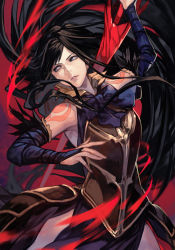 Rule 34 | 1girl, armor, armored dress, bare shoulders, black hair, blue dress, blue eyes, breastplate, breasts, castlevania, castlevania: order of ecclesia, dress, faulds, hungry clicker, konami, lance, long hair, looking to the side, medium breasts, polearm, shanoa, shoulder tattoo, solo, tattoo, very long hair, weapon