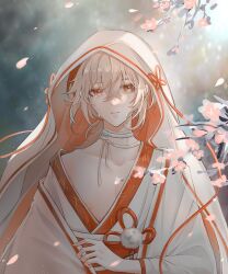 Rule 34 | 1boy, absurdres, alternate costume, bishounen, cherry blossoms, crossed bangs, crying, crying with eyes open, flower knot, genshin impact, hair between eyes, highres, hood, japanese clothes, kaedehara kazuha, kimono, light particles, light rays, low ponytail, male focus, mingyueyifeiqiu, multicolored hair, petals, pom pom (clothes), red eyes, red hair, rose petals, solo, sparkle, streaked hair, tears, uchikake, upper body, veil, wind