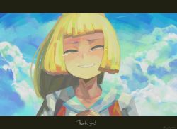 Rule 34 | 1girl, blonde hair, blue sky, blunt bangs, closed eyes, cloud, cloudy sky, creatures (company), crying, day, game freak, lillie (pokemon), long hair, nintendo, outdoors, pokemon, pokemon sm, ponytail, shirt, short sleeves, sky, smile, solo, spoilers, streaming tears, tears, thank you, upper body, white shirt, woofycakes