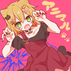 Rule 34 | 1girl, absurdres, alternate costume, amitie (puyopuyo), animal ears, black nails, blonde hair, cat ears, cat girl, cat hair ornament, fangs, futaba969649, green eyes, hair ornament, highres, looking at viewer, nail polish, paw pose, pink background, puyopuyo, short hair, solo