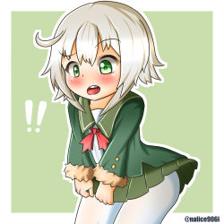 Rule 34 | !, 1girl, ahoge, artist request, fur trim, green eyes, kantai collection, long sleeves, one-hour drawing challenge, pantyhose, pleated skirt, shimushu (kancolle), short hair, skirt, twitter username, white hair, white pantyhose