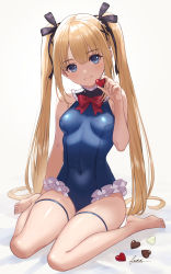 Rule 34 | 1girl, absurdres, armpit crease, azur lane, bare arms, bare legs, bare shoulders, barefoot, black ribbon, blonde hair, blue eyes, blush, bow, bowtie, breasts, casual one-piece swimsuit, closed mouth, covered navel, dead or alive, frilled swimsuit, frills, fubuki (fakemonkey0224), full body, hair between eyes, hair ornament, heart, highres, holding, holding heart, long hair, looking at viewer, marie rose, one-piece swimsuit, red bow, red bowtie, ribbon, signature, simple background, sitting, skindentation, small breasts, smile, solo, swimsuit, thigh strap, thighs, twintails, very long hair, wariza, white background, x hair ornament