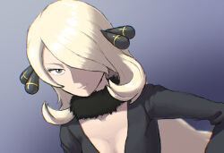Rule 34 | 1girl, blonde hair, breasts, cleavage, collarbone, commentary request, creatures (company), cynthia (pokemon), game freak, gradient background, grey background, grey eyes, hair over one eye, highres, kaeru boiler, light smile, long hair, looking at viewer, medium breasts, nintendo, pokemon, pokemon dppt, solo, upper body