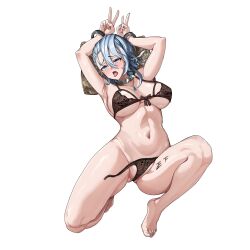 1girl ahegao black_bow black_bra black_panties blue_eyes blue_gemstone blue_hair bow bow_bra bra breasts breasts_apart collar collarbone cuffs gem groin_tendon hair_between_eyes handcuffs highres jewelry lace lace_bra lace_panties large_breasts last_origin light_blue_hair linea_alba lingerie looking_up lying navel necklace non-web_source official_alternate_costume official_art on_back open_mouth panties partially_visible_vulva piercing pillow short_hair simple_background solo sonia_of_devastation spiked_collar spikes spread_legs tachi-e tally tears torn_clothes torn_panties transparent_background u-rix underwear v