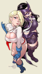 Rule 34 | 2girls, animification, back-to-back, beckoning, belt, bent over, black hair, blonde hair, blue eyes, blue footwear, boots, breasts, cape, cleavage, cleavage cutout, clothing cutout, come hither, dc comics, earrings, elbow gloves, female focus, from above, full body, gloves, helena bertinelli, huntress (dc), jewelry, justice league, kryptonian, large breasts, leotard, lips, long sleeves, mask, multiple girls, navel cutout, power girl, purple footwear, ricken, shoes, signature, smile, thigh strap, utility belt