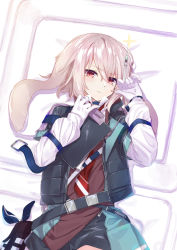 Rule 34 | 1boy, animal ears, ansel (arknights), arknights, black jacket, black shorts, blush, brown hair, clipboard, closed mouth, commentary request, glint, gloves, hair between eyes, highres, holding, holding syringe, jacket, layered sleeves, long hair, long sleeves, male focus, necktie, nyori, open clothes, open jacket, rabbit ears, red eyes, red necktie, shirt, short over long sleeves, short shorts, short sleeves, shorts, solo, sweater vest, syringe, white gloves, white shirt