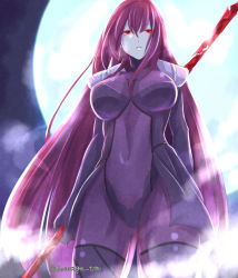 Rule 34 | 1girl, bodysuit, breasts, curvy, fate/grand order, fate (series), female focus, full moon, gae bolg (fate), gradient background, iwanaga tm, large breasts, long hair, moon, polearm, purple bodysuit, purple hair, red eyes, scathach (fate), solo, spear, standing, very long hair, weapon, wide hips