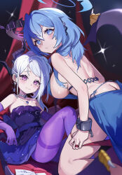 Rule 34 | 2girls, absurdres, ako (blue archive), ako (dress) (blue archive), ass, backless dress, backless outfit, blue archive, blue dress, blue eyes, blue hair, breasts, butt crack, closed mouth, cuffs, dream of pears, dress, hair between eyes, handcuffs, highres, hina (blue archive), hina (dress) (blue archive), large breasts, long hair, multiple girls, official alternate costume, official alternate hairstyle, purple dress, purple eyes, sideboob, sleeveless, sleeveless dress, small breasts, smile, strapless, strapless dress, white hair