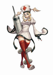 Rule 34 | 1girl, blonde hair, blue eyes, cross, curly hair, fanny (guilty gear), fingerless gloves, from above, full body, gloves, green eyes, guilty gear, guilty gear petit, guilty gear strive, hat, holding, holding syringe, long hair, looking at viewer, nail polish, nurse, nurse cap, oversized object, phamoz, red thighhighs, simple background, smile, solo, syringe, thighhighs, white background, white hat, winged hat
