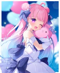 Rule 34 | 1girl, ;d, ahoge, armband, bare shoulders, blunt bangs, blush, bow, bracelet, crescent, crescent earrings, double bun, dress, dress bow, earrings, from side, gloves, gradient hair, hair bow, hair bun, half updo, highres, himemori luna, himemori luna (4th costume), hololive, jewelry, long hair, looking at viewer, multicolored hair, necklace, official alternate costume, official alternate hairstyle, one eye closed, open mouth, pearl bracelet, pearl necklace, pink hair, purple eyes, purple hair, smile, solo, strapless, strapless dress, virtual youtuber, white dress, white gloves, yun (dust-i1)