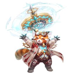 1boy animal_ear_fluff arms_up barefoot claws clock coat deepmaru furry furry_male goggles goggles_on_head king&#039;s_raid looking_at_viewer male_focus oddy_(king&#039;s_raid) official_art open_mouth orange_fur red_coat red_eyes red_panda_boy red_panda_ears red_panda_tail smile whiskers