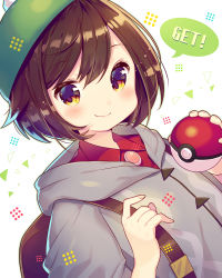 Rule 34 | 1girl, backpack, bag, blush, brown eyes, brown hair, closed mouth, collared shirt, commentary request, creatures (company), dutch angle, english text, fingernails, game freak, gloria (pokemon), grey jacket, hair between eyes, hands up, hat, highres, holding, holding poke ball, hood, hood down, hooded jacket, ikari (aor3507), jacket, nintendo, poke ball, poke ball (basic), pokemon, pokemon swsh, puffy short sleeves, puffy sleeves, red shirt, shirt, short hair, short sleeves, smile, solo, tam o&#039; shanter, white background
