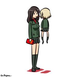 Rule 34 | 2girls, black footwear, black hair, black skirt, black socks, blonde hair, commentary, food, girls und panzer, green jacket, height difference, holding, jacket, katyusha (girls und panzer), kogane (staygold), long hair, long sleeves, looking at another, lowres, miniskirt, mouth hold, multiple girls, nonna (girls und panzer), pleated skirt, pocky, pocky kiss, pravda school uniform, red shirt, school uniform, shared food, shirt, shoes, short hair, simple background, skirt, socks, standing, swept bangs, turtleneck, twitter username, white background