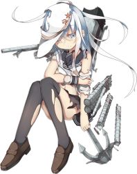 Rule 34 | 10s, 1girl, anchor, ascot, black thighhighs, blue eyes, blush, cannon, censored, convenient censoring, damaged, depth charge, full body, hammer and sickle, hat, hibiki (kancolle), kantai collection, loafers, long hair, navel, official art, one eye closed, personification, petite, pleated skirt, sailor hat, school uniform, serafuku, shoes, skirt, solo, thighhighs, torn clothes, torn thighhighs, transparent background, verniy (kancolle), visor cap, white hair, wink, yadokari (migihashi), zettai ryouiki
