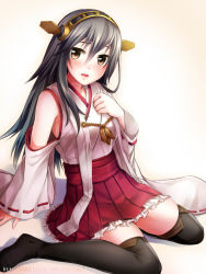 Rule 34 | 10s, 1girl, bare shoulders, black hair, black thighhighs, brown eyes, detached sleeves, hairband, haruna (kancolle), japanese clothes, kantai collection, long hair, looking at viewer, makina (frog), open mouth, personification, sitting, solo, thighhighs, wariza