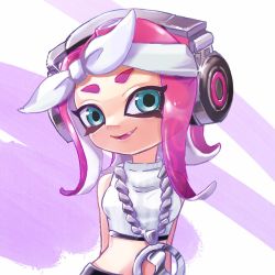 Rule 34 | 1girl, arms behind back, blue eyes, chain, chain necklace, commentary, cosplay, crop top, fang, head tilt, headband, headphones, jewelry, looking at viewer, marina (splatoon), marina (splatoon) (cosplay), medium hair, midriff peek, necklace, nintendo, octoling, octoling girl, octoling player character, open mouth, pendant, pink background, pink hair, pointy ears, shirt, sleeveless, sleeveless shirt, smile, solo, sparkle, splatoon (series), splatoon 2, suction cups, tentacle hair, upper body, upsidedown510, white headband, white shirt