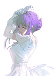 Rule 34 | 1girl, arms up, dress, elbow gloves, expressionless, fern (sousou no frieren), gloves, hair bun, hair ornament, highres, long hair, looking at viewer, mmi ryu, parted lips, purple eyes, purple hair, sidelocks, simple background, solo, sousou no frieren, upper body, white background, white dress, white gloves
