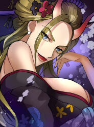 Rule 34 | 1girl, artist request, bare shoulders, black maria (one piece), blonde hair, blue eyes, breasts, cleavage, earrings, hair ornament, japanese clothes, jewelry, kimono, large breasts, long hair, one piece, sideboob, solo