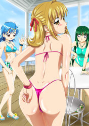 Rule 34 | 00s, 3girls, ankoku tiger, ass, bikini, black eyes, blonde hair, blue hair, blue nails, blush, bracelet, breasts, brown eyes, brown hair, chair, cleavage, day, dimples of venus, from behind, green hair, green nails, hair ornament, hair ribbon, hairclip, hand on own hip, highres, hip focus, houshou hanon, jewelry, lipstick, long hair, looking back, makeup, medium breasts, mermaid melody pichi pichi pitch, multiple girls, nail polish, nanami lucia, necklace, official style, one-piece swimsuit, open mouth, pink nails, polka dot, red eyes, ribbon, sandals, short hair, shorts, swimsuit, table, thong bikini, touin rina, very long hair, waving