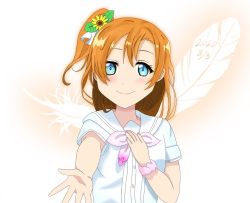 Rule 34 | 1girl, a song for you! you? you!, arm scrunchie, artist name, artist request, blue eyes, blush, collared shirt, female focus, hair between eyes, hand on own chest, kazu youtika, kosaka honoka, looking at viewer, love live!, love live! school idol project, orange hair, parted lips, pink neckwear, pink scrunchie, reaching, reaching towards viewer, sailor collar, scrunchie, shirt, side ponytail, smile, solo, white shirt