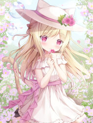 Rule 34 | 1girl, absurdres, animal ears, animal hat, barefoot, basket, blonde hair, blush, bubble, cat girl, cat hat, cat tail, day, dress, fake animal ears, falling petals, field, flower, flower field, half updo, hat, hat flower, hat ribbon, highres, holding, holding flower, long hair, looking at viewer, off-shoulder dress, off shoulder, original, outdoors, petals, pink eyes, ribbon, shoes, unworn shoes, sitting, smile, solo, sun hat, tail, very long hair, wariza, wind, yuduki pdx