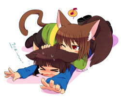 Rule 34 | &gt; &lt;, 2others, animal ears, bano akira, biting, black footwear, blue sweater, blush, blush stickers, boots, cat ears, cat tail, chara (undertale), dog ears, dog tail, ear biting, fang, frisk (undertale), green sweater, long sleeves, lying, multiple others, on stomach, open mouth, shoes, simple background, striped clothes, striped sweater, sweat, sweater, tail, tears, undertale, white background