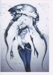 Rule 34 | 10s, 1girl, absurdres, abyssal ship, blue eyes, bodysuit, bone, cape, colored skin, gradient background, headwear request, highres, kantai collection, kodama (wa-ka-me), long hair, monochrome, scan, see-through, skeleton, solo, tentacles, see-through body, transparent, underwater, white hair, white skin, wo-class aircraft carrier, x-ray