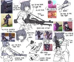 Rule 34 | 1girl, aiming, animal ears, blue archive, bren lmg, choker, flukhan, food, game screenshot, gun, halo, highres, holding, holding gun, holding weapon, hood, hooded jacket, jacket, kazusa (blue archive), korean text, light machine gun, macaron, mouth hold, multiple views, pleated skirt, reference inset, reloading, short hair, simple background, skirt, translation request, twitter username, weapon, white background