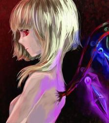 Rule 34 | 1girl, alternate hairstyle, blonde hair, breasts, fang, female focus, flandre scarlet, gradient background, mucco, nude, profile, red background, red eyes, short hair, small breasts, solo, touhou, undone, upper body, wings