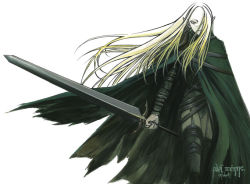Rule 34 | 00s, 1girl, blonde hair, claymore (series), claymore (sword), cloak, grey eyes, holding, holding sword, holding weapon, irene, long hair, one eye covered, pointy ears, solo, strap, sword, weapon, white background