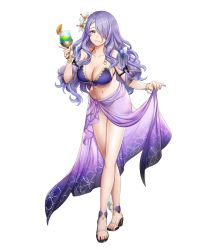 Rule 34 | 1girl, bikini, breasts, camilla (fire emblem), camilla (summer) (fire emblem), cleavage, cup, drinking glass, feet, female focus, fire emblem, fire emblem fates, fire emblem heroes, flower, food, fruit, full body, glass, hair flower, hair ornament, hair over one eye, high heels, highres, holding, holding cup, large breasts, long hair, matching hair/eyes, nail polish, navel, nintendo, official art, orange (fruit), orange slice, purple eyes, purple hair, purple nails, sandals, sarong, sideboob, smile, solo, standing, swimsuit, toenail polish, toenails, toes, transparent background