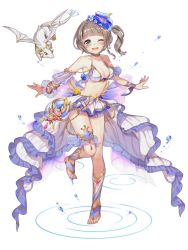 Rule 34 | 1girl, ;d, arm ribbon, artist request, bare shoulders, barefoot, bikini, blunt bangs, blush, bracelet, breasts, brown hair, cleavage, collarbone, dragon, ekuseria, feet, flower, full body, hair flower, hair ornament, jewelry, long hair, looking at viewer, medium breasts, midriff, no shoes, one eye closed, open mouth, ribbon, see-through, shironeko project, side ponytail, simple background, smile, standing, swimsuit, toeless legwear, toes