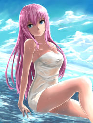 Rule 34 | 1girl, absurdres, bad id, bad pixiv id, bare legs, bare shoulders, blue eyes, breasts, cleavage, cloud, collarbone, day, dutch angle, emcconerock428, female focus, head tilt, highres, knee up, leaning, leaning back, legs, long hair, megurine luka, naked towel, neck, pink hair, sidelocks, sitting, sky, smile, solo, towel, very long hair, vocaloid, wet