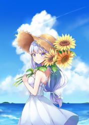 Rule 34 | 1girl, absurdres, bad id, bad pixiv id, bare shoulders, blue eyes, blush, breasts, commentary request, day, dress, ench0, flower, hat, highres, holding, holding flower, idolmaster, idolmaster million live!, idolmaster million live! theater days, long hair, looking at viewer, low-tied long hair, medium breasts, outdoors, shiraishi tsumugi, sleeveless, sleeveless dress, smile, solo, strapless, strapless dress, straw hat, sun hat, sunflower, water, white dress