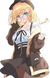 Rule 34 | 1girl, artist name, bag, bare shoulders, black-framed eyewear, black hat, black jacket, black skirt, blonde hair, blue eyes, breasts, cabbie hat, collarbone, commentary, earrings, glasses, hair ornament, hat, heart, heart earrings, highres, hitsukuya, hololive, hololive english, jacket, jewelry, long sleeves, looking at viewer, medium breasts, nail polish, off-shoulder shirt, off shoulder, open clothes, open jacket, parted lips, round eyewear, shirt, shoulder bag, signature, simple background, skirt, sleeves past wrists, solo, suspender skirt, suspenders, symbol-only commentary, virtual youtuber, watson amelia, watson amelia (street casual), white background, white shirt, yellow nails