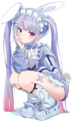 1girl :/ animal_ears apron bandaid bandaid_on_knee bandaid_on_leg blue_bow blue_footwear blue_hair blunt_bangs bow closed_mouth earrings elbow_rest expressionless fake_animal_ears flat_chest full_body gradient_hair hair_bow hair_ornament hairclip hand_on_own_cheek hand_on_own_face heart heart_hair_ornament highres jersey_maid jewelry kazumiya_yayoi long_hair looking_at_viewer maid maid_headdress multicolored_hair multiple_hair_bows pink_eyes pink_hair pink_streaks rabbit_ears rabbit_hair_ornament short_eyebrows simple_background skull_hair_ornament socks solo squatting straight_hair streaked_hair tosaki_mimi tosaki_mimi_(4th_costume) twintails unconventional_maid very_long_hair virtual_youtuber vspo! white_apron white_background white_bow white_headdress white_socks