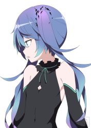 Rule 34 | 1girl, aqua eyes, armpit crease, bare shoulders, black dress, black sleeves, blue hair, cleavage cutout, clothing cutout, collar, commentary, detached sleeves, dress, flat chest, frilled collar, frills, ghost rule (vocaloid), giryu, gradient hair, hatsune miku, highres, long hair, looking away, looking to the side, multicolored hair, neck ribbon, open mouth, purple hair, ribbon, skin tight, sleeveless, sleeveless dress, solo, striped ribbon, twintails, upper body, very long hair, vocaloid