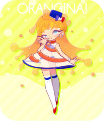 Rule 34 | 1girl, blue eyes, blue headband, blue headwear, bracelet, character name, dress, earrings, eyelashes, french flag, headband, jewelry, makino (c-electro), orange hair, orangina, parted lips, personification, red footwear, see-through, see-through dress, solo, thighhighs, white dress, white thighhighs