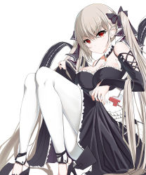 Rule 34 | 1girl, a907514173, absurdres, azur lane, black dress, black footwear, black ribbon, blush, breasts, clothes lift, detached collar, dress, dress lift, expressionless, flight deck, formidable (azur lane), frilled dress, frills, full body, grey hair, hair between eyes, hair ribbon, high heels, highres, knees up, large breasts, light blush, long hair, looking at viewer, pantyhose, red eyes, ribbon, rudder footwear, simple background, sitting, sleeveless, sleeveless dress, sleeves past wrists, solo, twintails, two-tone dress, two-tone ribbon, very long hair, white background, white pantyhose