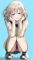 Rule 34 | 1girl, absurdres, blush, cardigan, floating hair, full body, grey hair, hands on own cheeks, hands on own face, highres, idolmaster, idolmaster shiny colors, long sleeves, looking at viewer, panties, pantyshot, school uniform, serizawa asahi, shoes, simple background, smile, sneakers, solo, squatting, take978733141, underwear, white panties, yellow cardigan