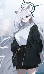 Rule 34 | 1-5iro, 1girl, absurdres, ahoge, alternate costume, animal ear fluff, animal ears, black jacket, black skirt, blue archive, blue eyes, breasts, car, closed mouth, cowboy shot, cross hair ornament, dark halo, grey hair, hair ornament, halo, highres, jacket, large breasts, long hair, mismatched pupils, motor vehicle, open clothes, open jacket, pleated skirt, ribbed sweater, shiroko (blue archive), shiroko terror (blue archive), skirt, solo, sweater, turtleneck, turtleneck sweater, white sweater, wolf ears