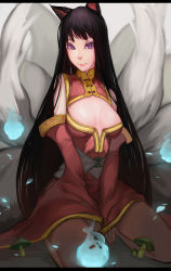 Rule 34 | 1girl, absurdres, ahri (league of legends), animal ears, areola slip, bare shoulders, black hair, breasts, cat ears, cleavage cutout, clothing cutout, highres, league of legends, long hair, looking at viewer, purple eyes, ri (1071362165), sitting, smile, solo, very long hair