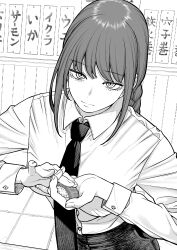 Rule 34 | 1girl, absurdres, braid, braided ponytail, chainsaw man, food, formal, greyscale, highres, holding, holding food, kanazawa shinnosuke, light smile, looking at viewer, makima (chainsaw man), monochrome, necktie, restaurant, ringed eyes, solo, sushi