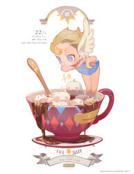 Rule 34 | 1girl, 2019, angel wings, bare shoulders, blonde hair, blue eyes, blue leotard, blush stickers, calavera, cardcaptor sakura, character name, chibi, closed mouth, clow card, commentary, cpieng, crescent, cup, dated, english commentary, english text, eyelashes, hand on own hip, head wings, highres, holding, holding wand, leaning forward, leotard, oversized object, plate, shoes, short hair, single wing, sleep (clow card), smile, solo, sparkle, spoon, star (symbol), swept bangs, tea, teacup, wand, watermark, white background, white wings, wings, yellow footwear