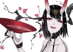 Rule 34 | 1girl, bare shoulders, black hair, branch, bridal gauntlets, collarbone, commentary request, cup, eyebrows hidden by hair, fangs, fate/grand order, fate (series), hand up, headpiece, holding, horns, lam (ramdayo), looking at viewer, oni, parted lips, pink eyes, pointy ears, sakazuki, short eyebrows, short hair, shuten douji (fate), skin-covered horns, solo, teeth, thick eyebrows, tongue, tongue out, upper body, upper teeth only, white background