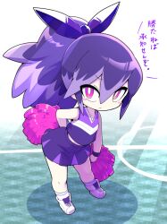 Rule 34 | blush stickers, cheerleader, crop top, from above, frown, high ponytail, holding, holding pom poms, hyakkihime, leaning forward, long hair, looking at viewer, multicolored hair, nollety, pink eyes, pom pom (cheerleading), pom poms, purple hair, skirt, sleeveless, translation request, two-tone hair, youkai (youkai watch), youkai watch